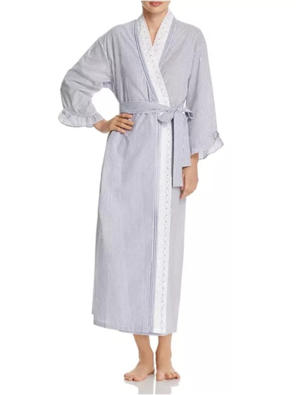 light blue and white gingham wrap robe featuring delicate white eyelet lace trim